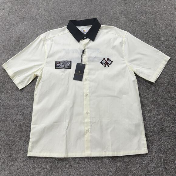 NWT Lark & Owl Motorsport Racing Shirt Mens L Off White Vanilla Black Collar - Picture 1 of 10